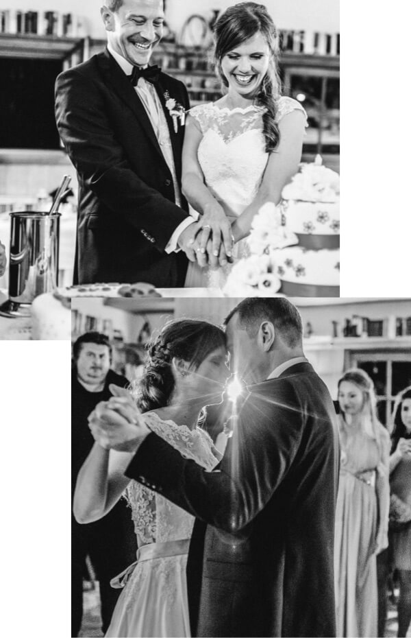Hochzeitsfotografie Feier Collage Anschnitt der Torte und erster Hochzeitstanz