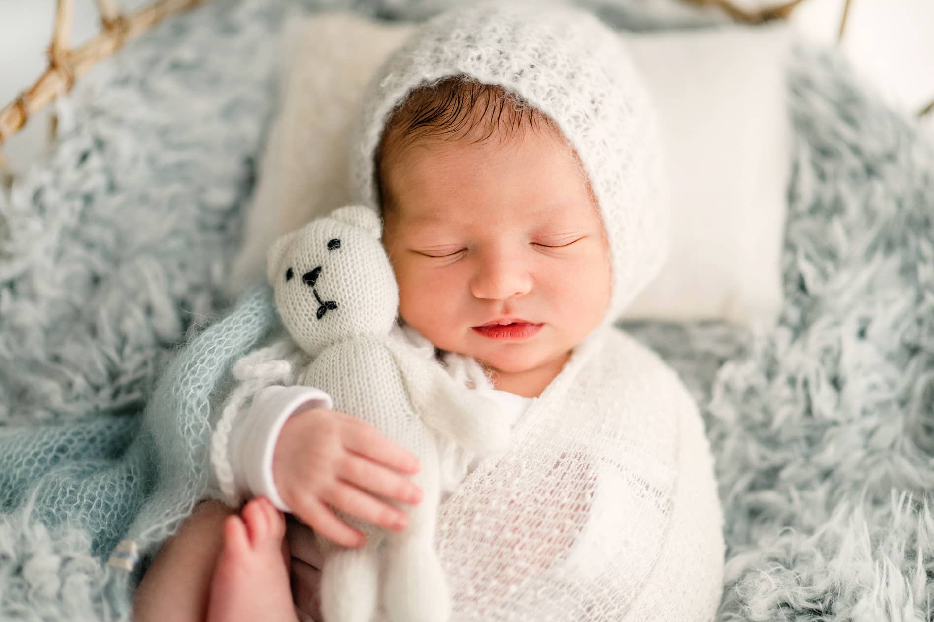 Close-up of a sleeping baby with a pale knitted hat and soft toy
